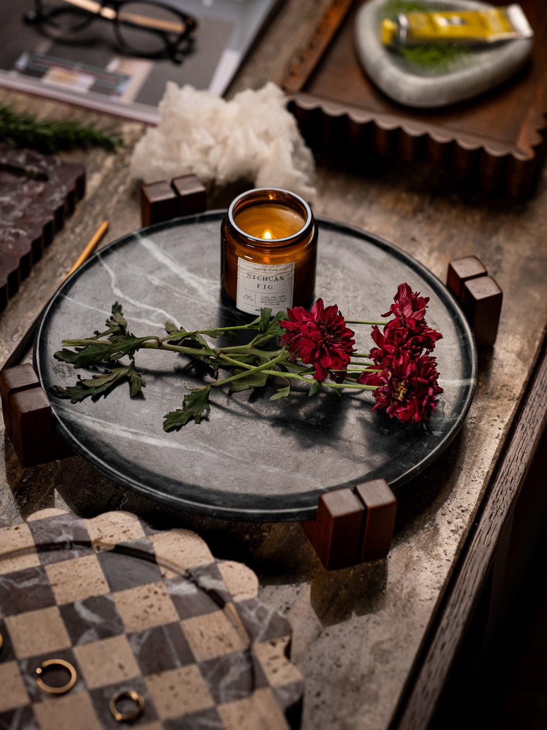 Indian Green Marble serving plate set on a solid wooden base