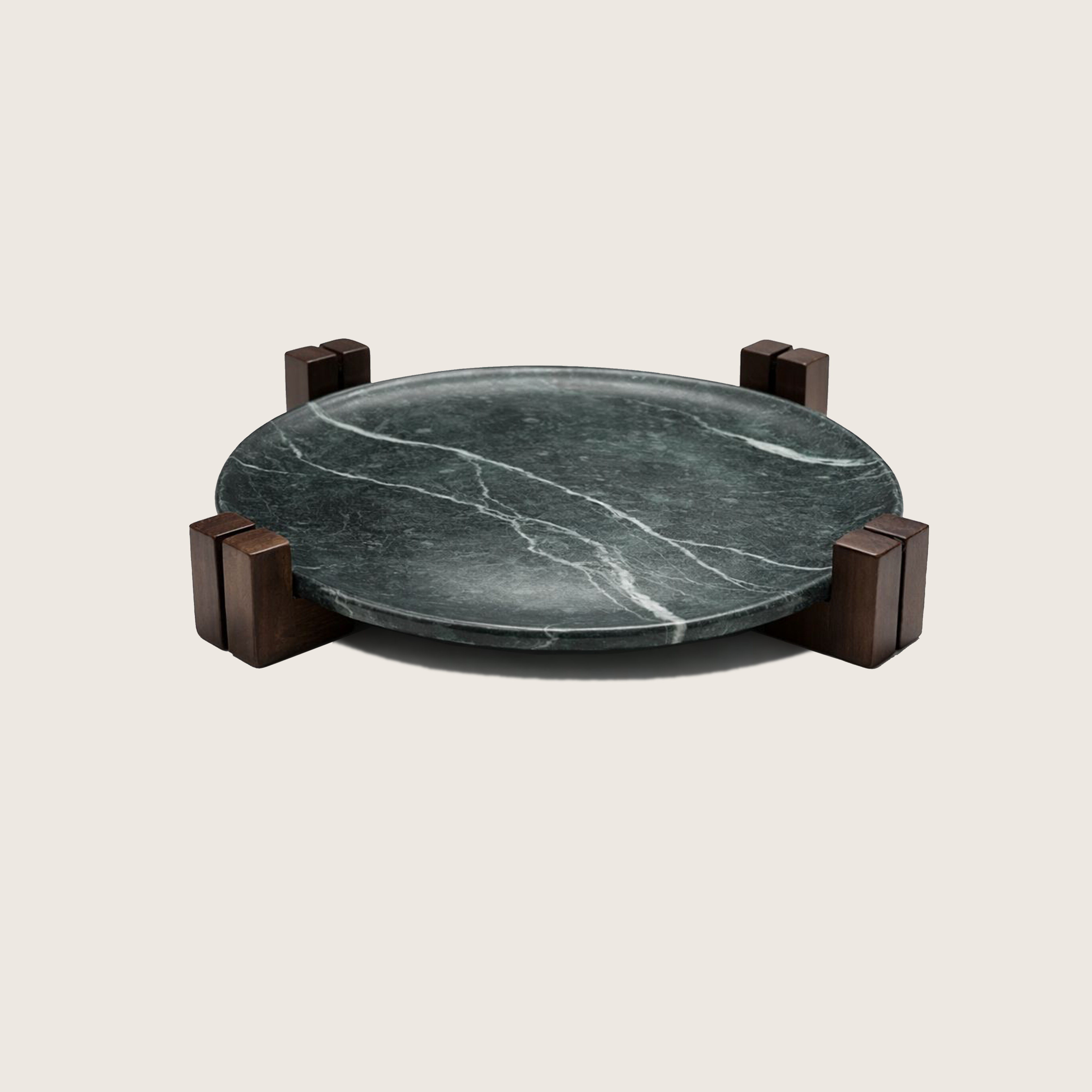 Indian Green Marble serving plate set on a solid wooden base,