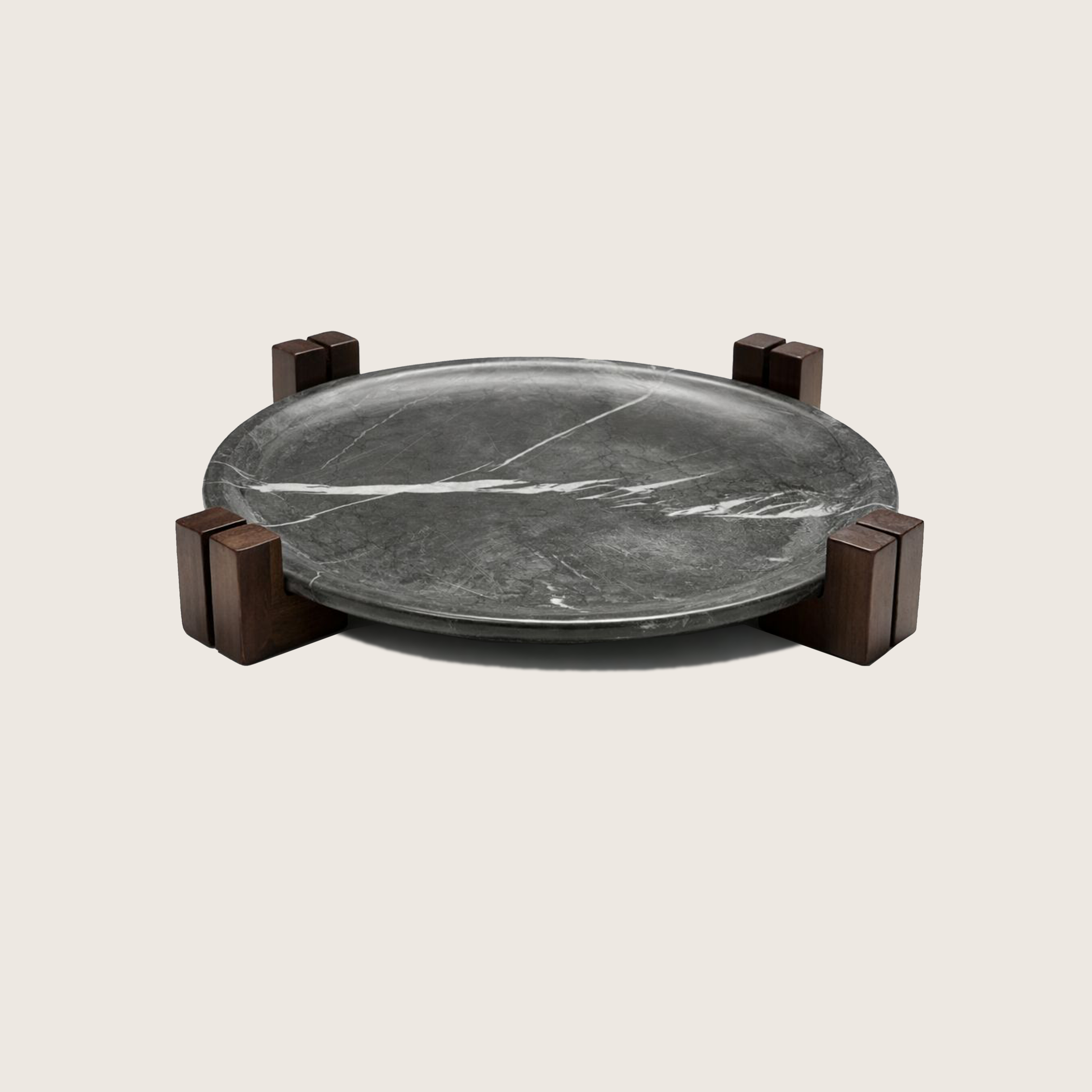 Pietra Grey Marble serving plate set on a solid wooden base