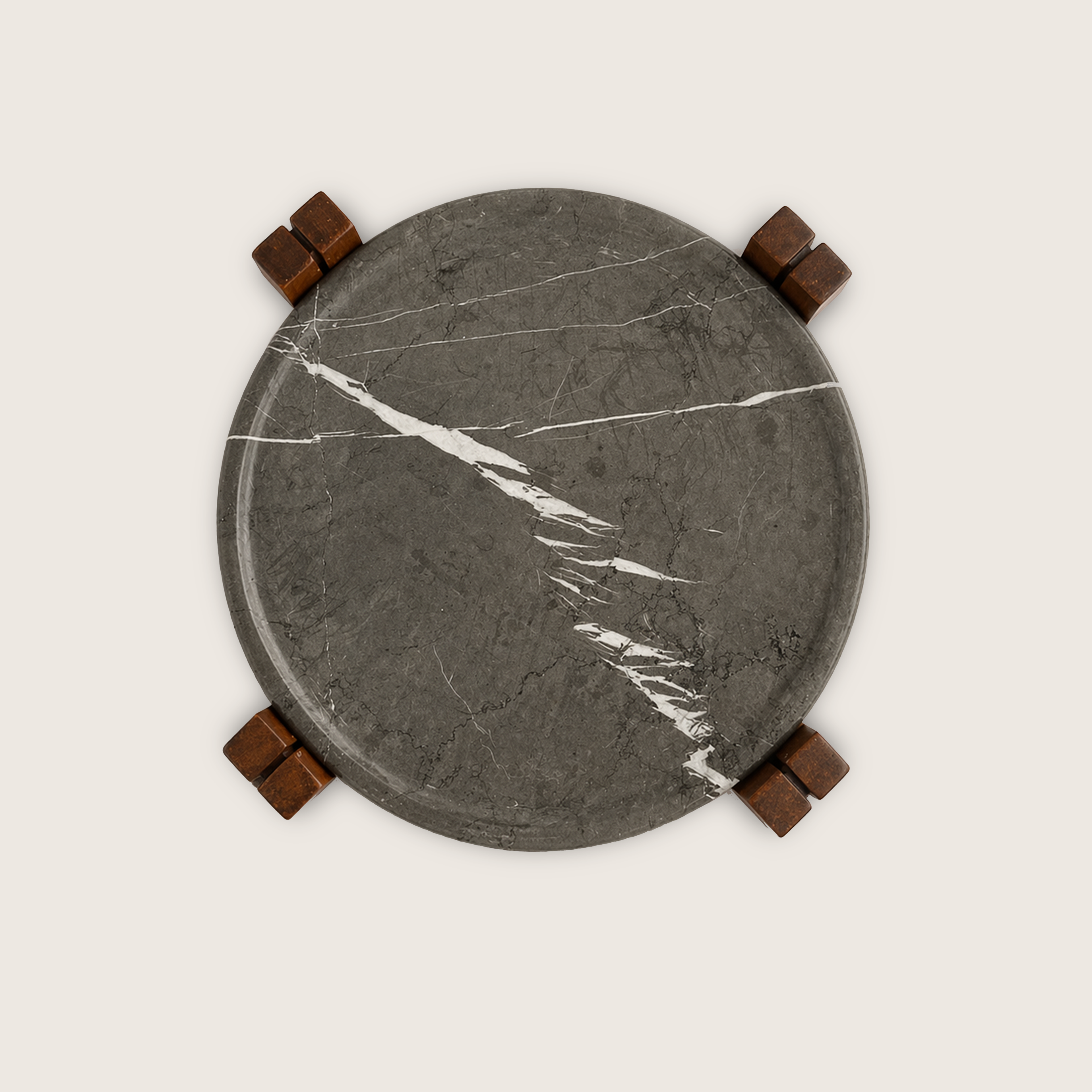 Pietra Grey Marble serving plate set on a solid wooden base