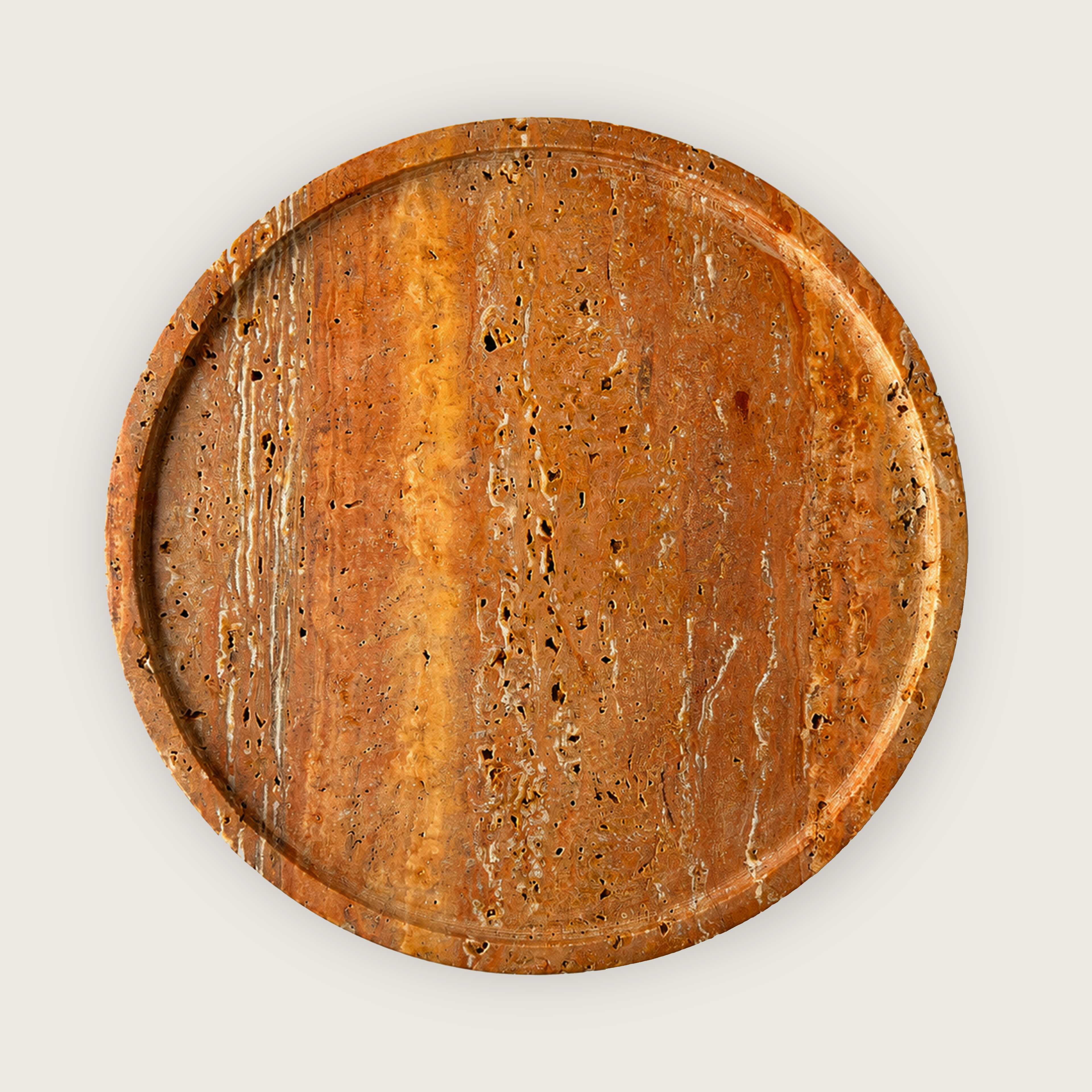 Elevated red traventine marble serving plate on three rounded legs, defined by natural veining. 