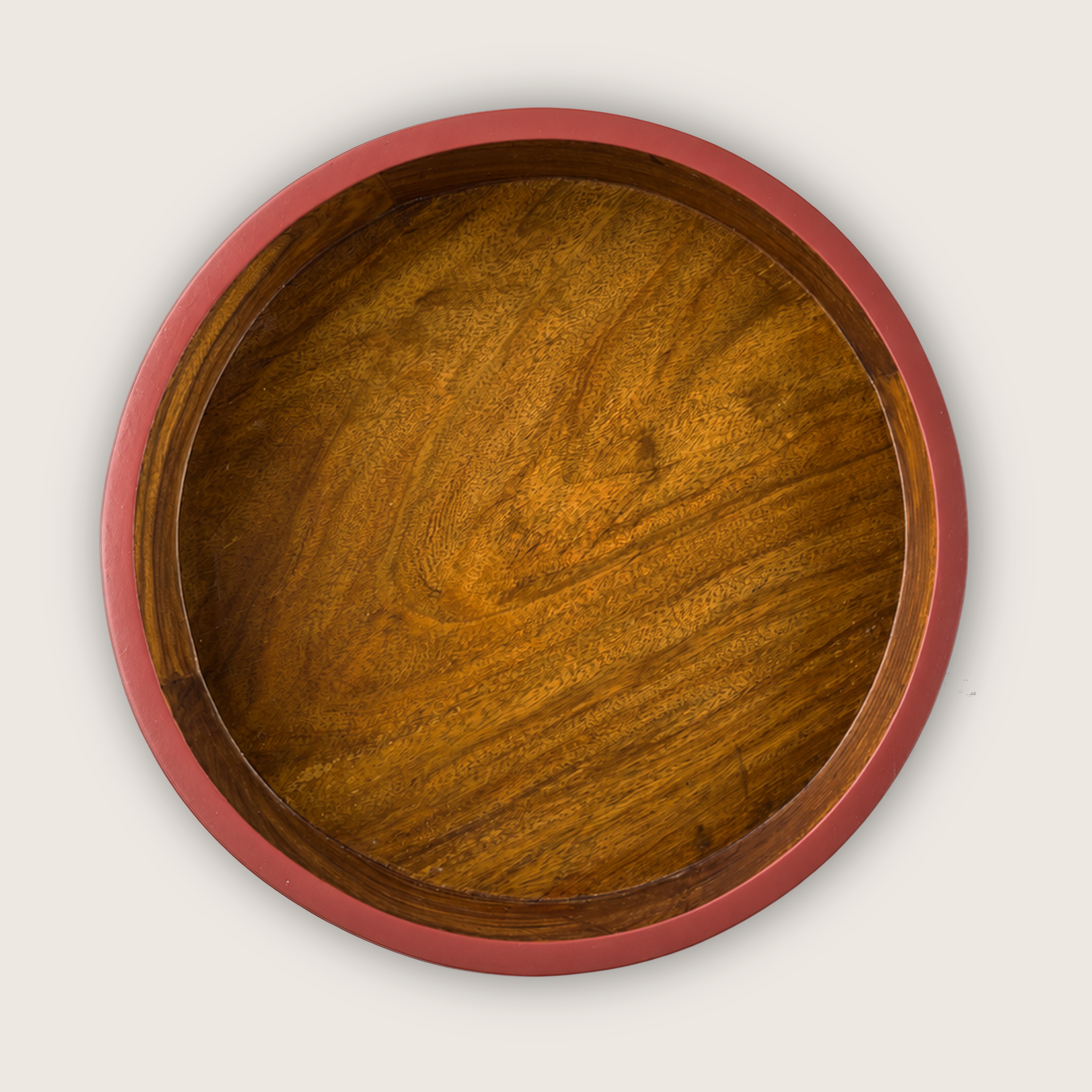 natural wood serving plate with red edge